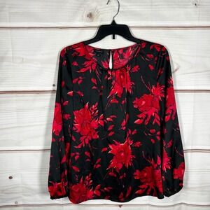 Talbots Floral Blouse Womens Small Black Red Rose Satin Long Sleeve Keyhole Neck